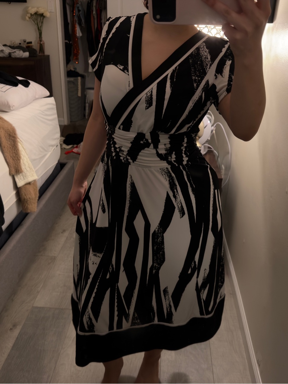 White House Black Market Black and White Abstract Midi Wrap Dress